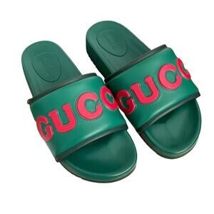 GUCCI Jumbo Logo Embossed Slide Sandals Italian Leather Green Men's Size G9 NEW